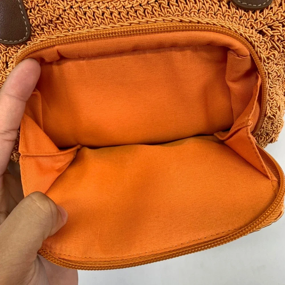 Rosetti Orange Woven Satchel Bag Purse Brown Faux Leather‎ Handle Small